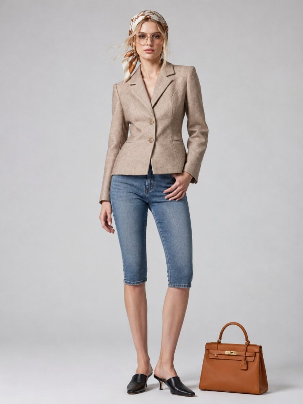 Beige Wool Herringbone Blazer - Picture 3 of 9